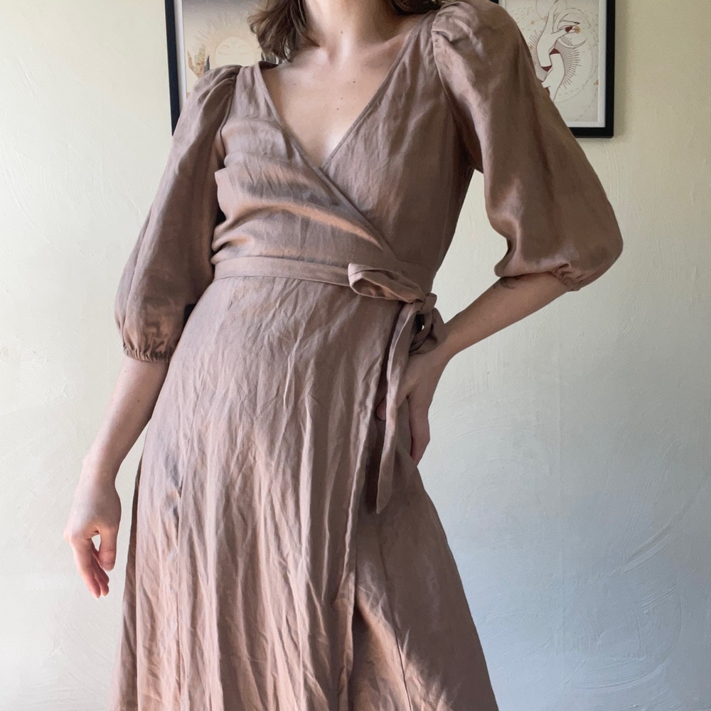 Reformation Mint Puff Sleeve Linen Wrap Dress. Brown